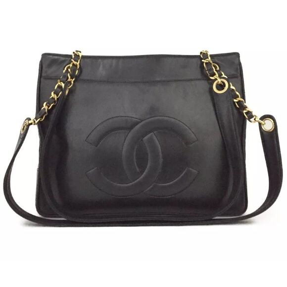 CHANEL CC Logo Lambskin Chain Shoulder Tote Bag   Black - Picture 1 of 8